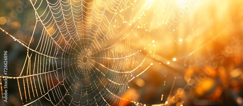 Sunlight illuminating a spider's web in a close-up view.