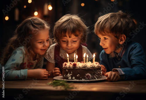 A group of kids looking at a cake with lit candles