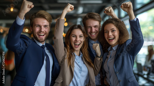 Energetic Business Team Celebrating Victory with Raised Fists.