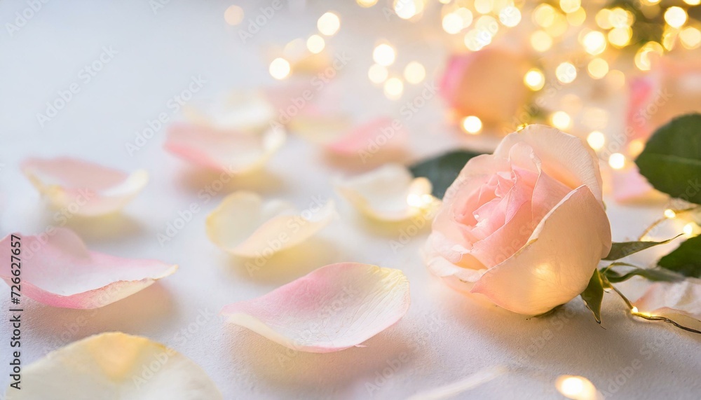 Pétales de roses roses romantiques sur fond blanc, avec une guirlande lumineuse.  
