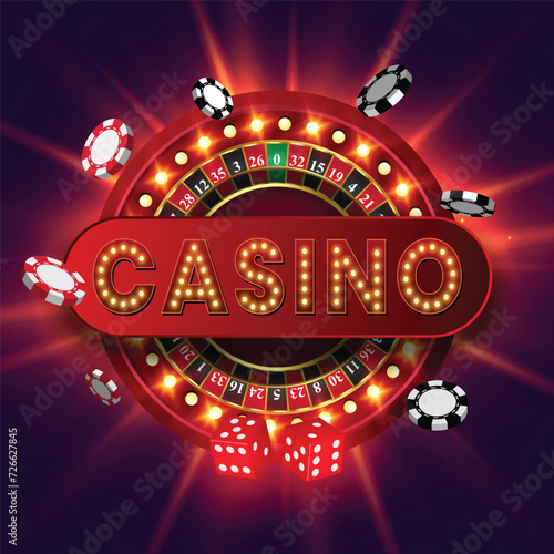 Casino advertisement banner design with casino roulette wheel, casino chips and casino dice