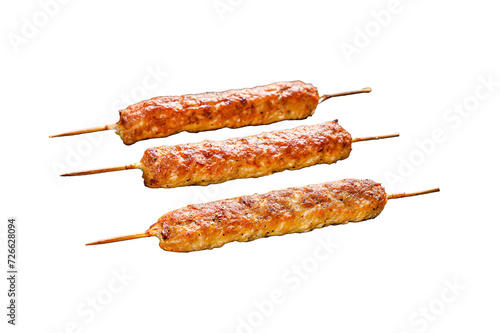 Homemade pork meat kebabs on skewers.  Isolated, Transparent background.