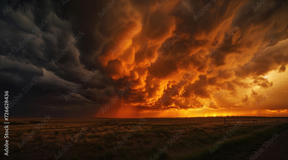 A stormy sky, where dark clouds meet the fiery hues of a setting sun