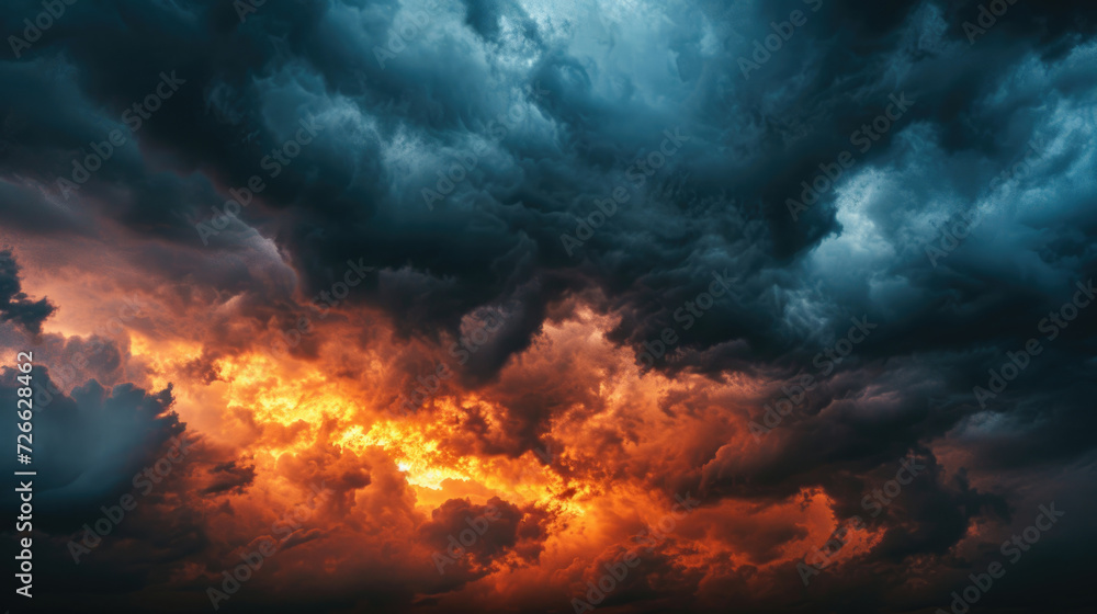 A stormy sky, where dark clouds meet the fiery hues of a setting sun