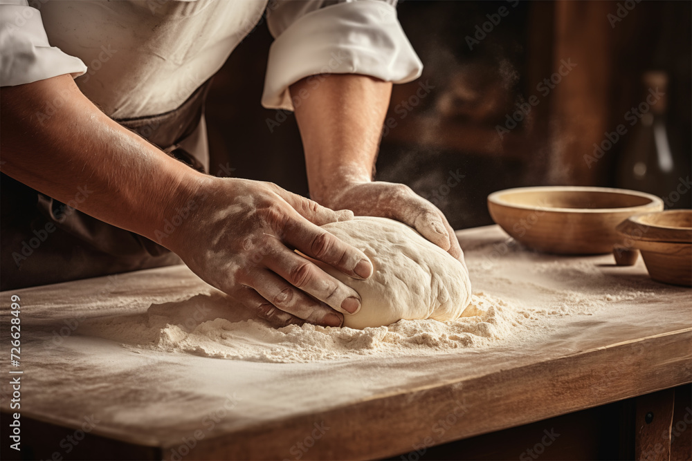 Experience villagecore charm as a chef crafts bread dough with humanistic empathy, showcasing graceful movements, foreshortening techniques, and exaggerated features.