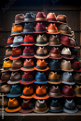 A showcase with hats in the store, a shelf in the dressing room with a collection of hats, collection of diverse hats showcased on individual stands