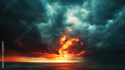 A stormy sky  where dark clouds meet the fiery hues of a setting sun