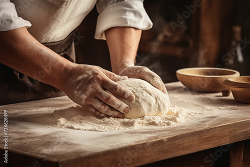 Experience villagecore charm as a chef crafts bread dough with humanistic empathy, showcasing graceful movements, foreshortening techniques, and exaggerated features. photo