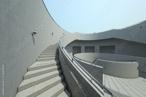 3D illustration of a Brutalist architectural structure. Grey concrete walls with rough texture, curved stairs leading upwards with metal railings. The structure is illuminated by a clear, bright sky.