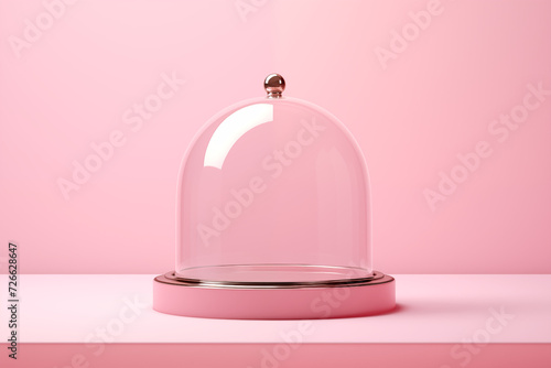 Cloche vide en verre avec un socle en métal sur fond rose en rendu 3D, décoration, protection, assurance 