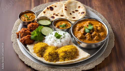 Typical curry set meal of meals south India with Chicken Tandoori, Mutton Curry, Subji (Vegetarian Curry),Papadum,Nan,Raita (Yogurt with cucumber),Mutter Paneer ,and Pulao Rice
 photo