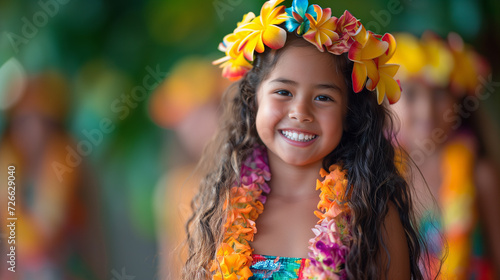 Young girl in traditional Hawaiian floral crown and lei garland during a performance.