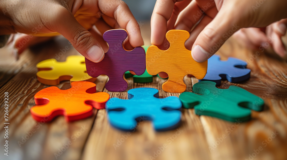Closeup of hands putting together colorful puzzle pieces. Closeup of hands putting together colorful puzzle pieces.