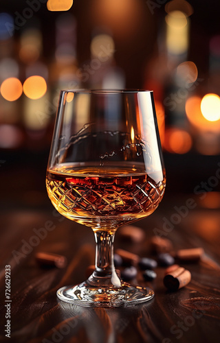 Beautiful composition of a glass filled with alcohol on a dark background, studio lighting.