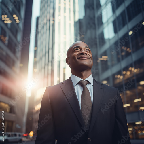 Happy wealthy rich successful black businessman standing in big city modern skyscrapers street on sunset thinking of successful vision, dreaming of new investment,