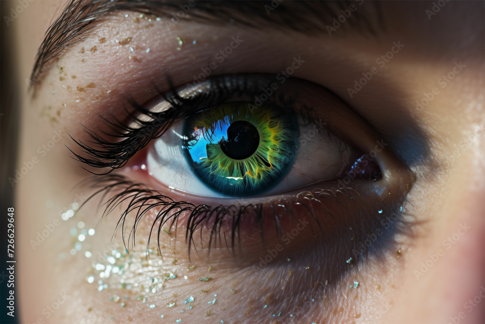 Explore the depth of a human eye in vivid detail—a captivating narrative in UHD, blending light indigo and green hues for compelling visual storytelling.