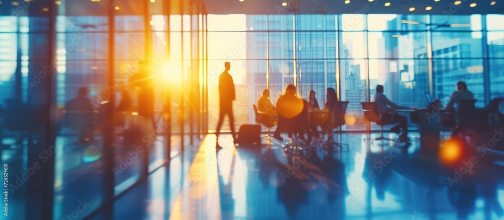 Obraz premium Businesspeople on office with panoramic windows blurred background. AI generated image
