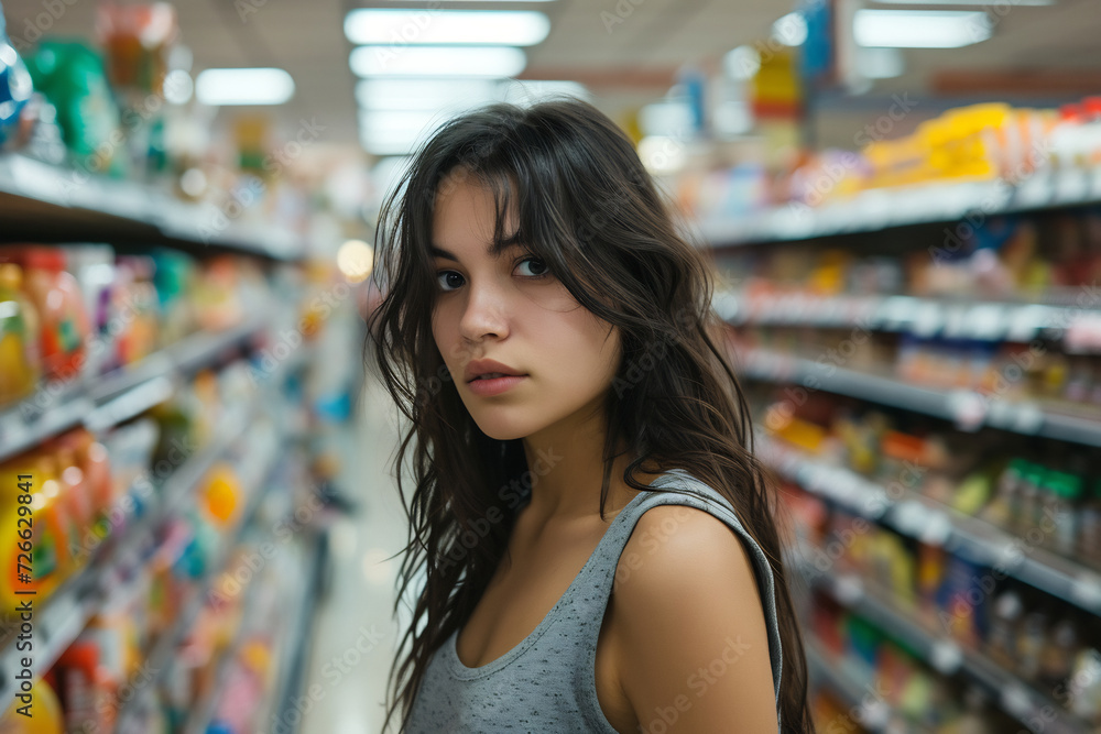 a beautiful young lady inside grocery store a beautiful young lady inside grocery store