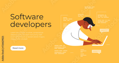Software developers template. Man with glasses working using laptop, coding, programming, networking. Backend or frontend developer, geek, program code vector illustration. Programmer work, app script