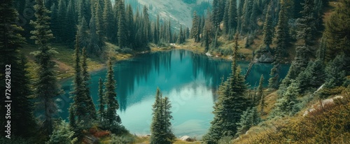 A serene lake surrounded by trees, Nature's beauty in a lush forest setting, The tranquility of a clear blue lake, A picturesque scene with a calm body of water.