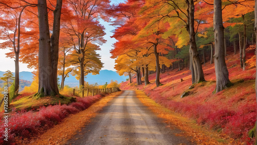 Colorful trees and footpath road in autumn landscape in forest. autumn colors in the forest. colorful leaves of autumn in nature. autumn season in japan. colorful forest landscape. Rural landscape.