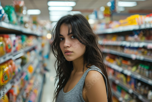 a beautiful young lady inside grocery store