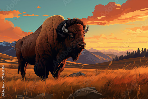 Wallpaper Mural Immerse in nature's beauty with a bison in hyper-detailed realism, tonalist hues, and vivid saturation—crafted in a unique blend of cartoon realism and poster art. Torontodigital.ca