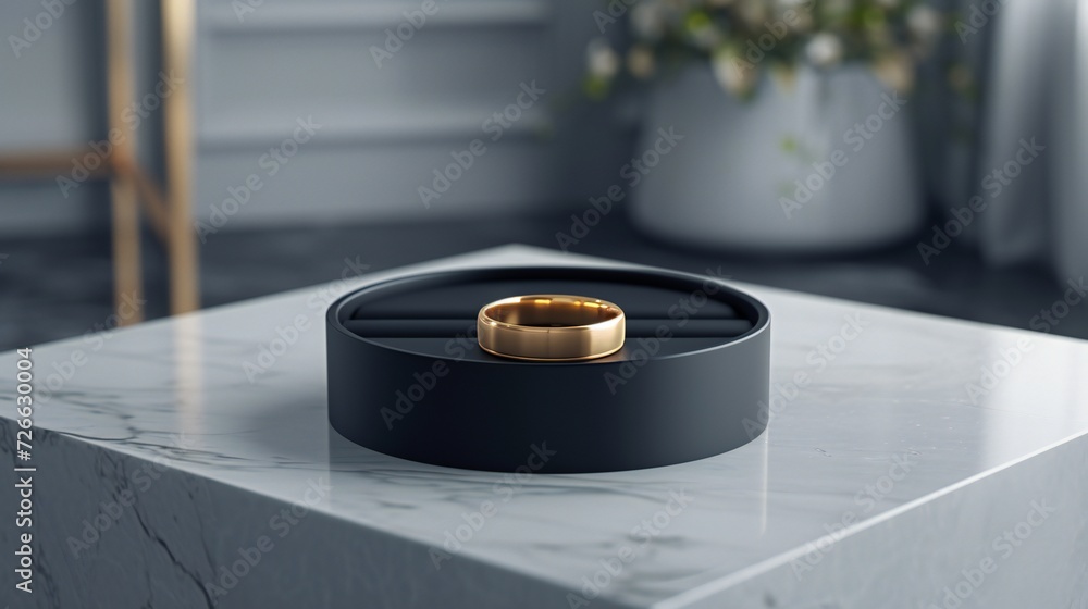 Detailed mockup of gold ring on black box Detailed mockup of gold ring on black box