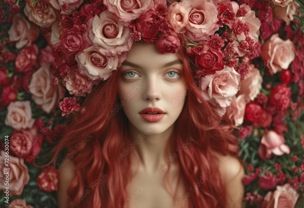 Redheaded Beauty, Flower Crown, Rose Petals on Face, Blossoming Red Hair. Redheaded Beauty, Flower Crown, Rose Petals on Face, Blossoming Red Hair.