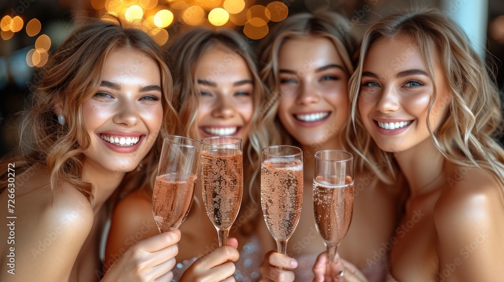 Four Smiling Women Holding Champagne Glasses, A Group of Friends Celebrating with Bubbly Wine, Girls' Night Out: Four Beautiful Women Enjoying Champagne Together, 