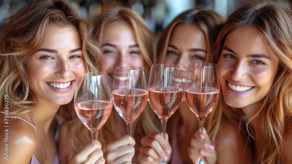 Four Smiling Women Celebrating Together, A Group of Friends Raising Their Wine Glasses in the Air, The Joyful Faces of Four Beautiful Ladies, Closer Than Ever: 