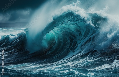 The Mighty Wave, Riding the Crest of a Tidal Wave, Towering Ocean Swell, Powerful Blue Sea Foam. © Jevjenijs