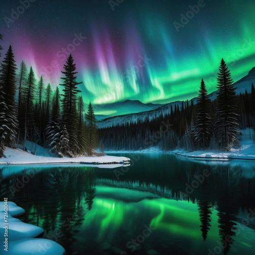 Northern lights over mountain lake with reflection in water, 3d illustration