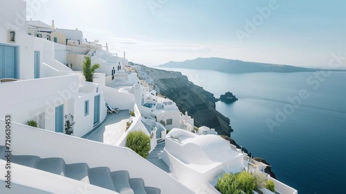 a collection of buildings, perched on a cliff overlooking a body of water. The water is a calm, clear blue