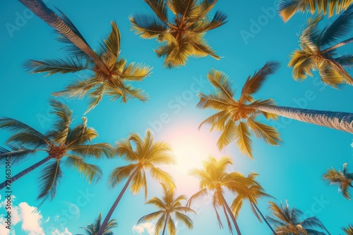 Tropical Paradise, Sunlit Palm Trees, A Sky Full of Coconuts, The Blue and Yellow Canopy. © Jevjenijs