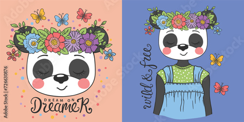 Cute panda girl with floral wreath, butterfly for t-shirt graphics, fashion prints, posters and other uses