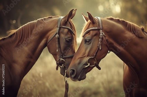 Two Horses Nuzzling Each Other, Friendly Horses Touching Noses in a Field, Gentle Moments Between Two Brown Horses, Bonding of Two Horses with Their Noses Touching.