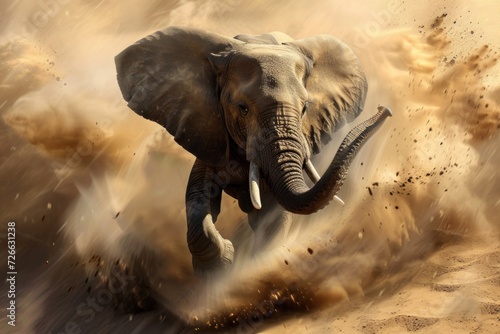 Elephant in Motion, Running Elephant, Dusty Elephant, African Elephant on the Move.
