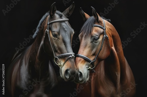 Two Horses Nuzzling Each Other, A Tender Moment Between Two Horses, The Bond of Friendship between Two Horses, Horses Expressing Affection with a Kiss.