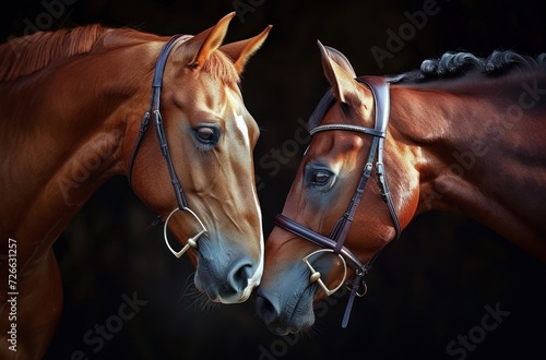 Two Horses Nuzzling Each Other, A Gentle Moment Between Two Horses, The Bonding of Two Horses Through Touch, Horses Expressing Affection and Comfort with Each Other.