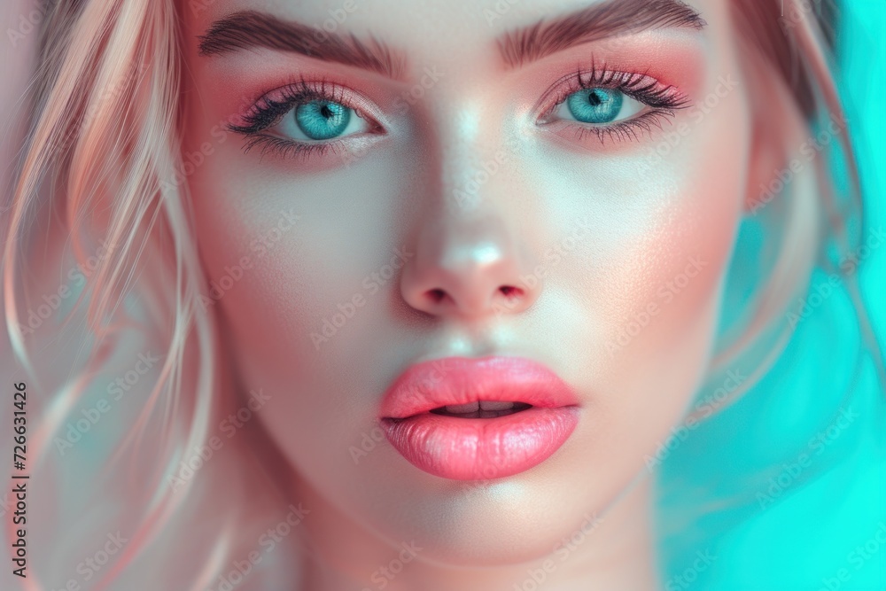 Pink Lips and Blue Eyes, Blonde Hair with Pink Lipstick, Beautiful Woman with Light Skin Tone, Model with Makeup on Her Face. Pink Lips and Blue Eyes, Blonde Hair with Pink Lipstick, Beautiful Woman with Light Skin Tone, Model with Makeup on Her Face.