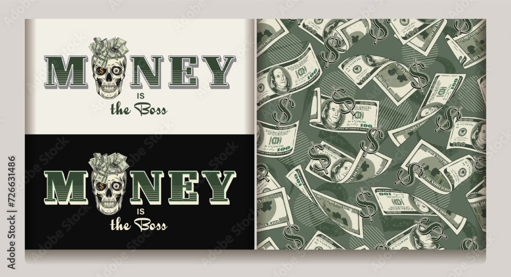 Money vintage seamless pattern, label with skull, 100 dollar bills, dollar sign. Text Money is the boss. Concept of supremacy of money. For clothing, t shirt design. Vintage style. Not AI