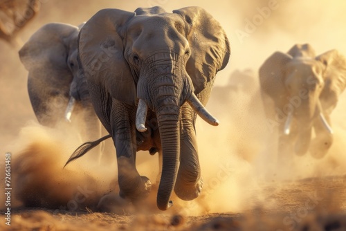 Running Elephant, Dusty Pathway, Elephant Herd in Motion, Muddy Trail of the Elephants. photo