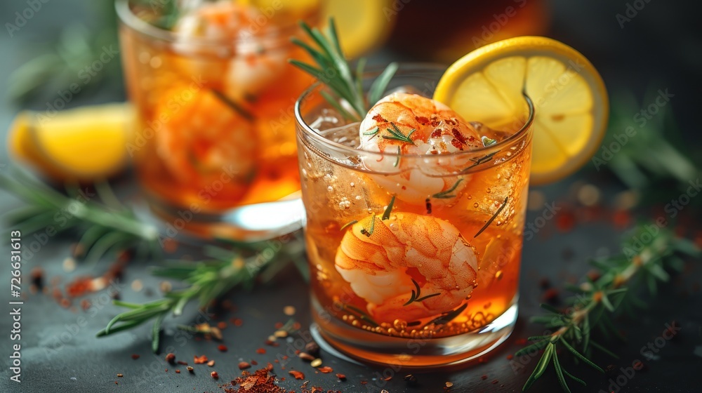 Shrimp Cocktail with Lemon and Herbs, Fresh Shrimp in a Glass of Tea, A Tasteful Combination of Shrimp, Lemon, and Herbs, Shrimp and Lemon: A Delicious Drink Experience. Shrimp Cocktail with Lemon and Herbs, Fresh Shrimp in a Glass of Tea, A Tasteful Combination of Shrimp, Lemon, and Herbs, Shrimp and Lemon: A Delicious Drink Experience.
