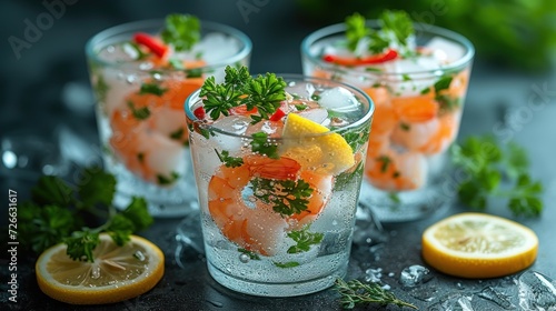 Fresh Shrimp Cocktail with Lemon and Parsley  Cold Shrimp Salad in a Glass of Water  Shrimp and Lemonade - A Refreshing Summer Drink  Seafood Delight  Shrimp and Lemon Combination.