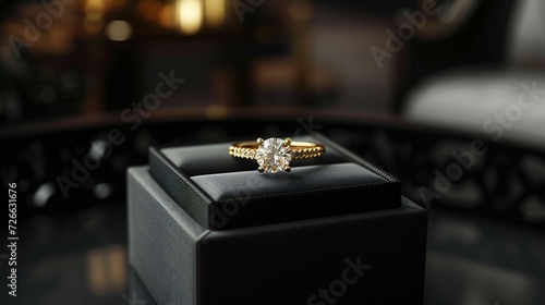 Realistic mockup of gold diamond ring on black box .