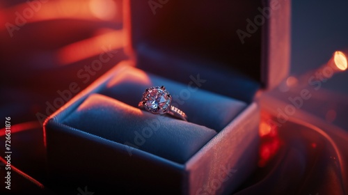 Romantic ambiance: Velvet box holding engagement ring in gentle lighting.