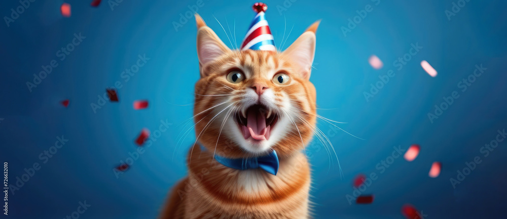 Creative birthday party concept. Cute happy striped cat with wide open mouth wearing a hat celebrating birthday. In the background blue background and falling confetti in blur. Advertising banner