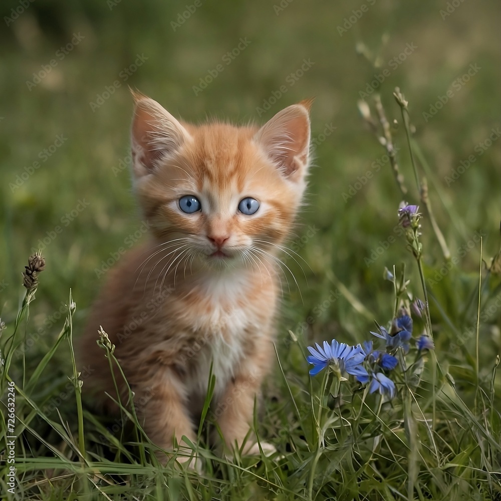 red kitten with blue eyes sitting in a flowery meadow looking straight ahead
