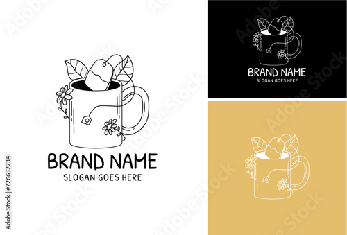 Herbal Tea bag in the cup. Set Hand drawn a cup, different herbs, plants, and flower. Logo Vector illustration.
